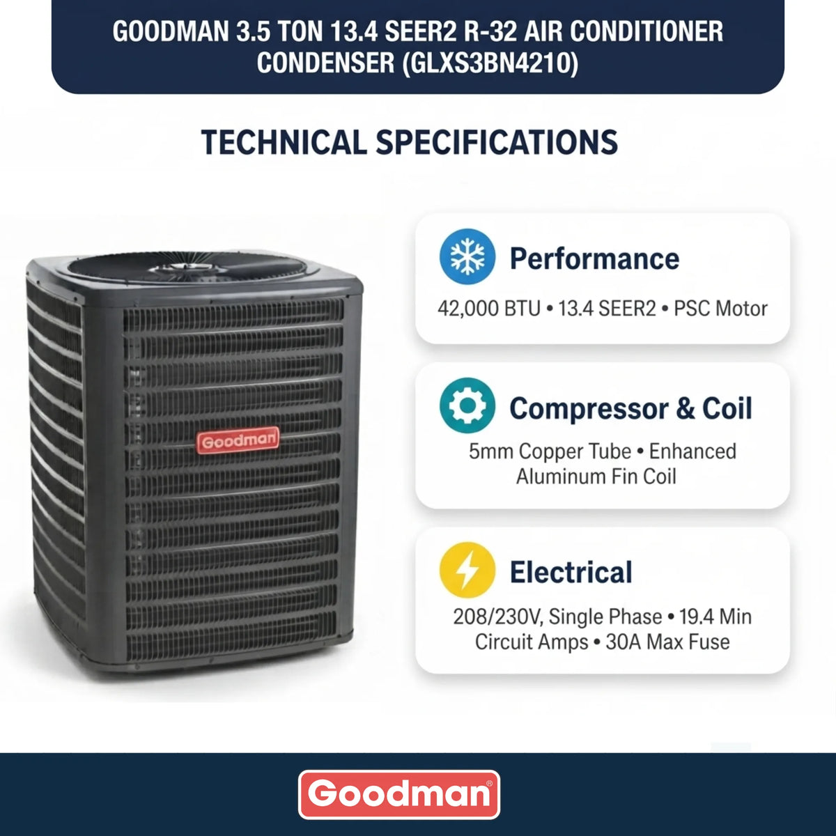 Goodman 3.5 Ton 13.4 SEER2 R-32 Air Conditioner Condenser