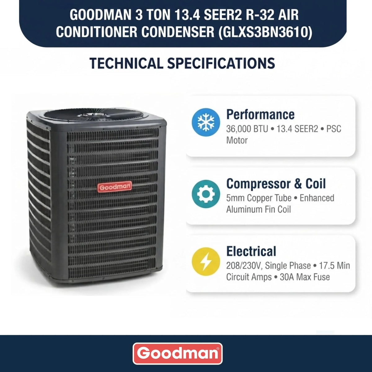 Goodman 3 Ton 13.4 SEER2 R-32 Air Conditioner Condenser