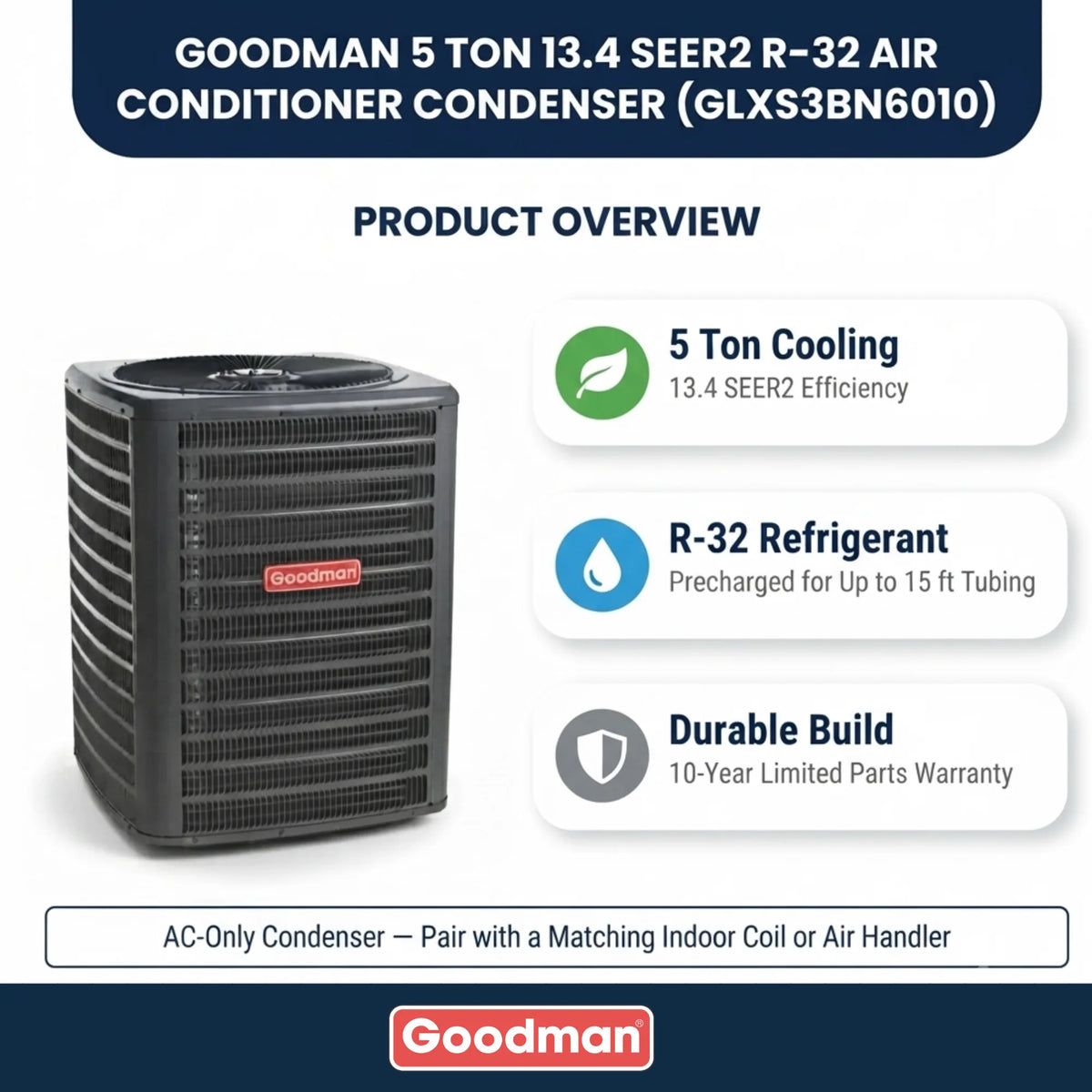 Goodman 5 Ton 13.4 SEER2 R-32 Air Conditioner Condenser