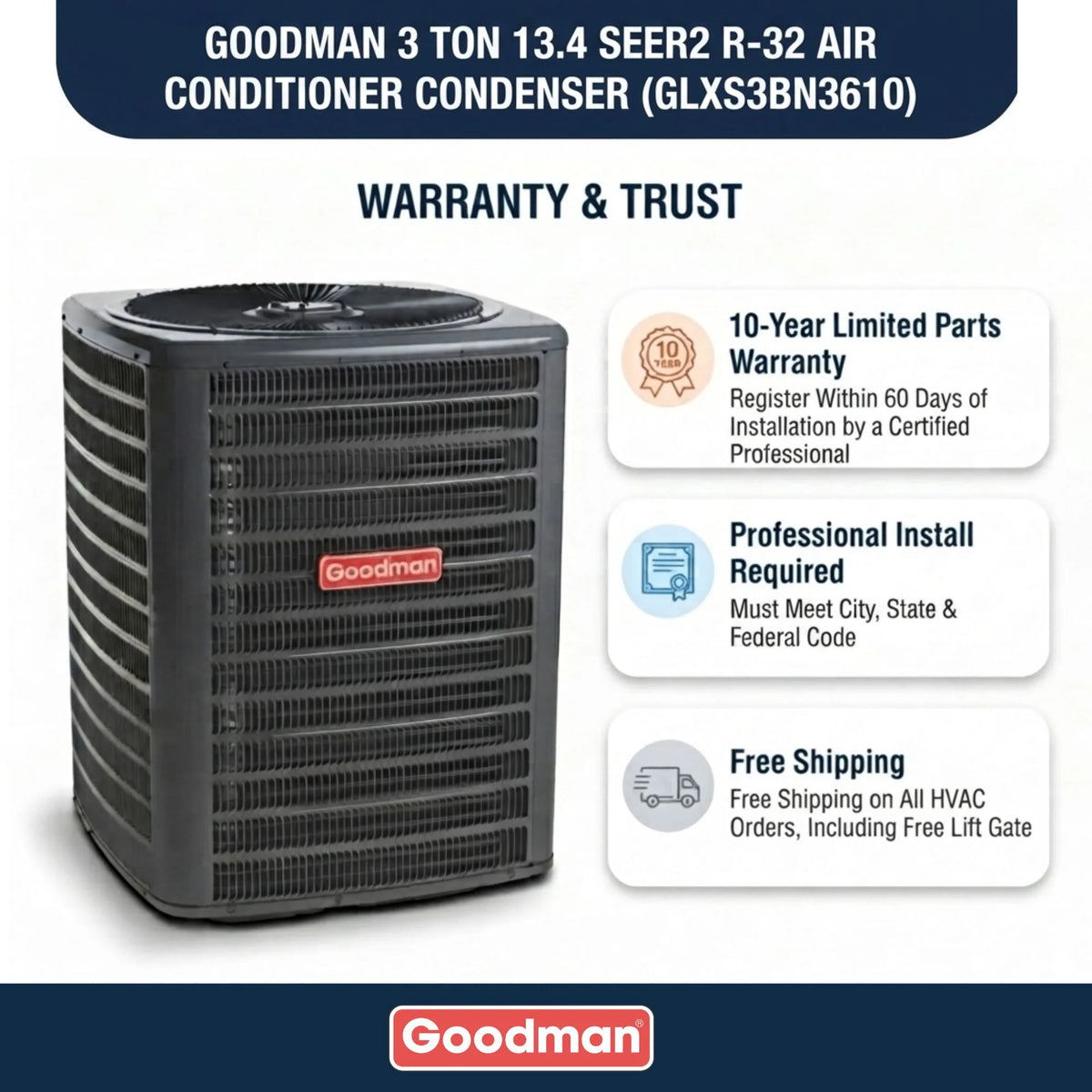 Goodman 3 Ton 13.4 SEER2 R-32 Air Conditioner Condenser