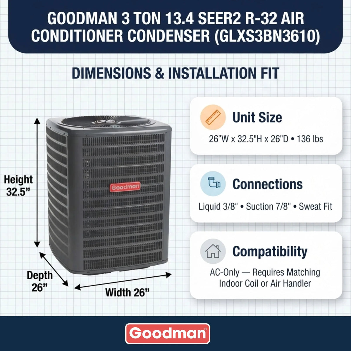 Goodman 3 Ton 13.4 SEER2 R-32 Air Conditioner Condenser