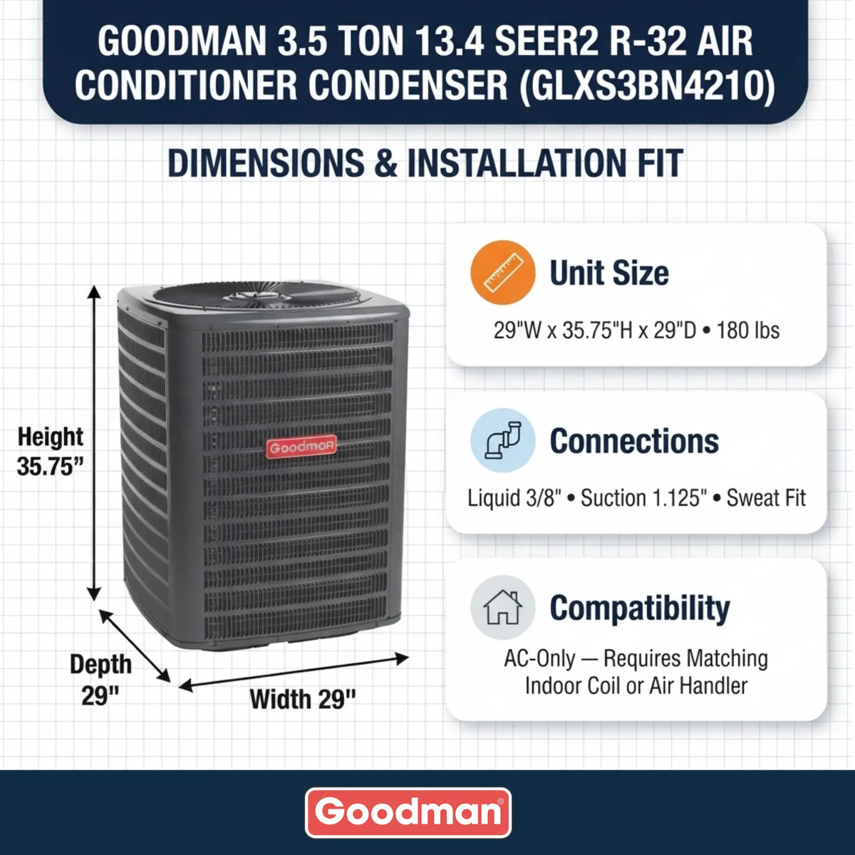 Goodman 3.5 Ton 13.4 SEER2 R-32 Air Conditioner Condenser