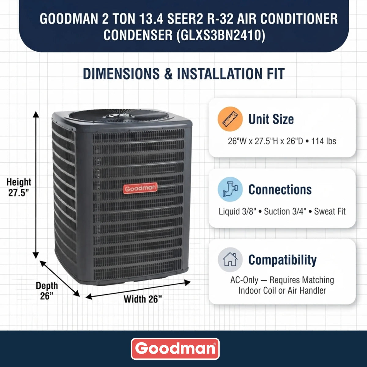 Goodman 2 Ton 13.4 SEER2 R-32 Air Conditioner Condenser
