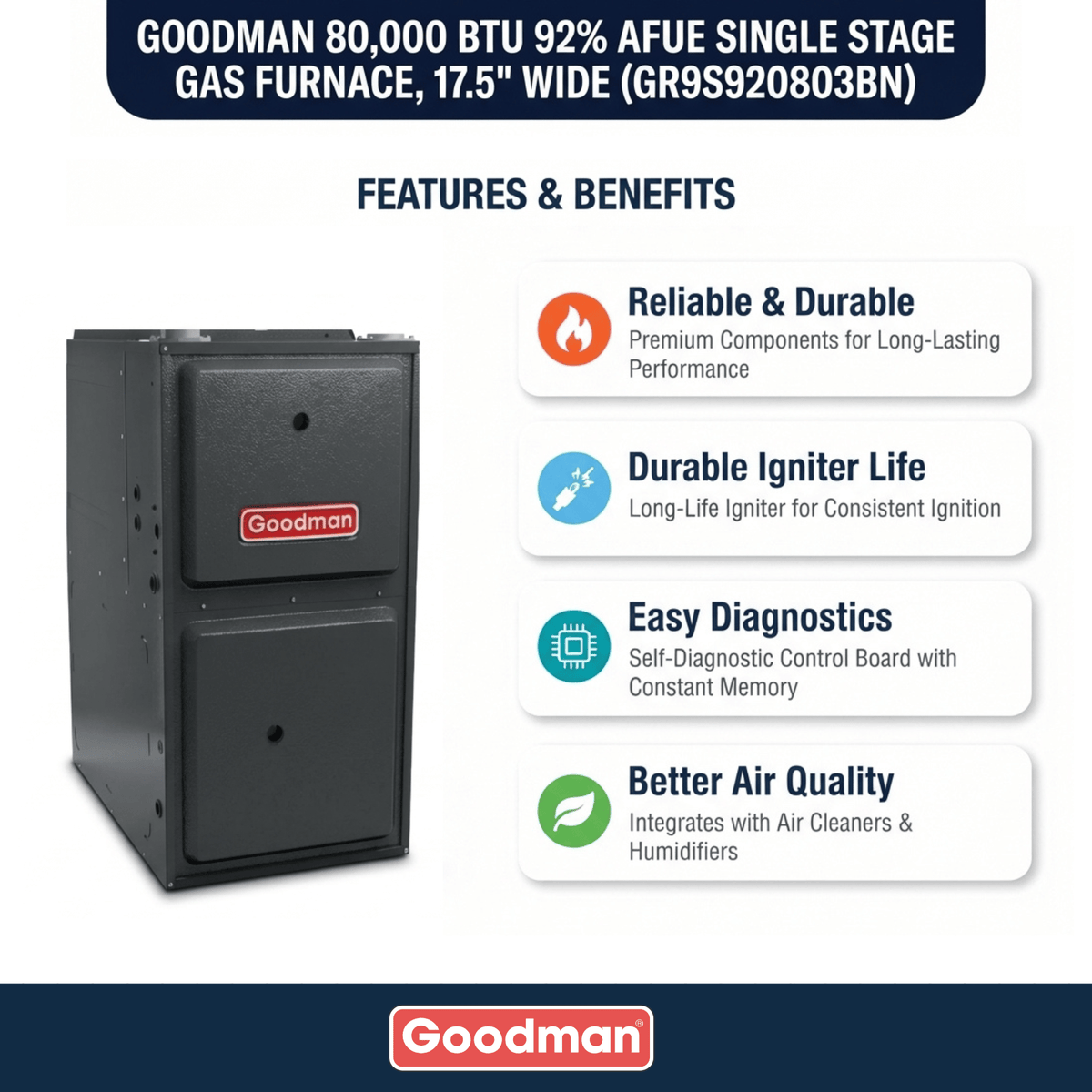 80,000 BTU 92% AFUE Single Stage Goodman Gas Furnace, Upflow/Horizontal