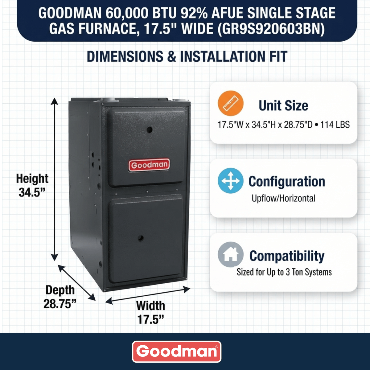 60,000 BTU 92% AFUE Single Stage Goodman Gas Furnace, Upflow/Horizontal