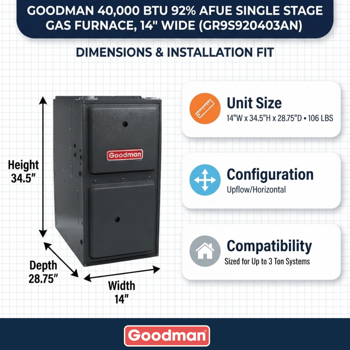 40,000 BTU 92% AFUE Single Stage Goodman Gas Furnace, Upflow/Horizontal
