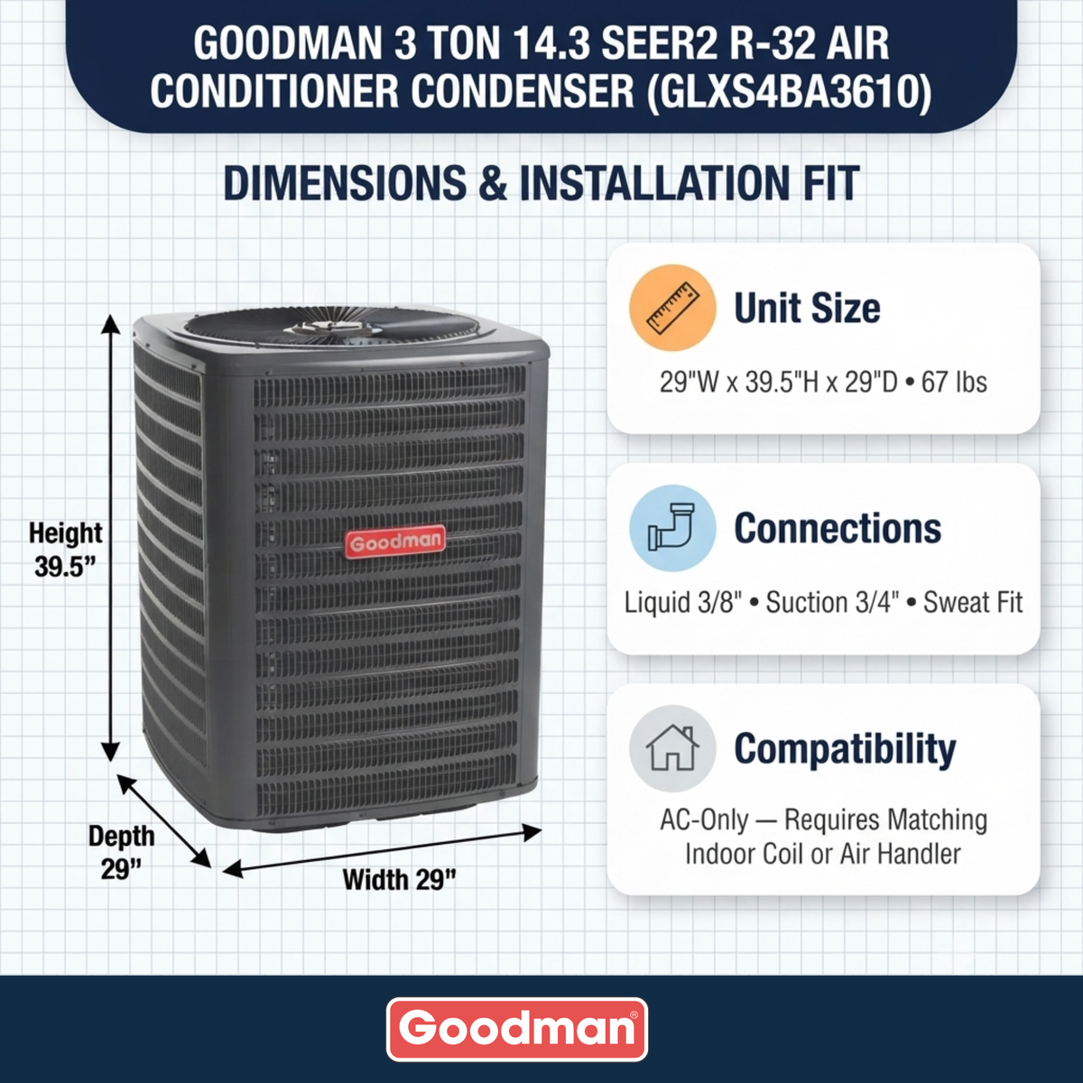 Goodman 3 Ton 14.3 SEER2 R-32 Air Conditioner Condenser