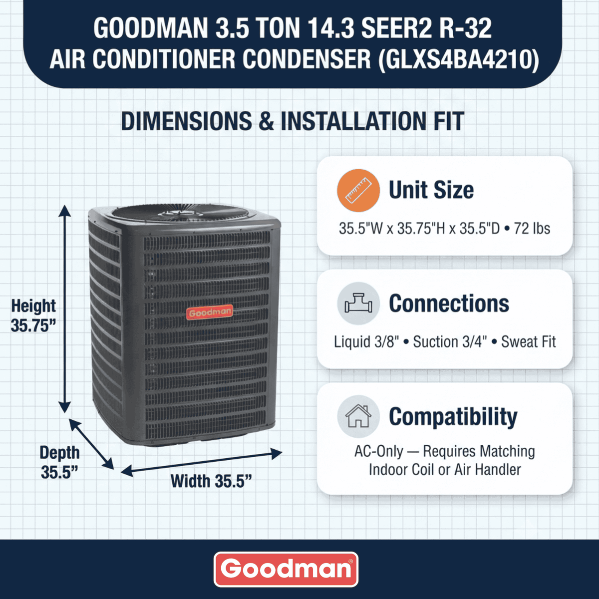 Goodman 3.5 Ton 14.3 SEER2 R-32 Air Conditioner Condenser