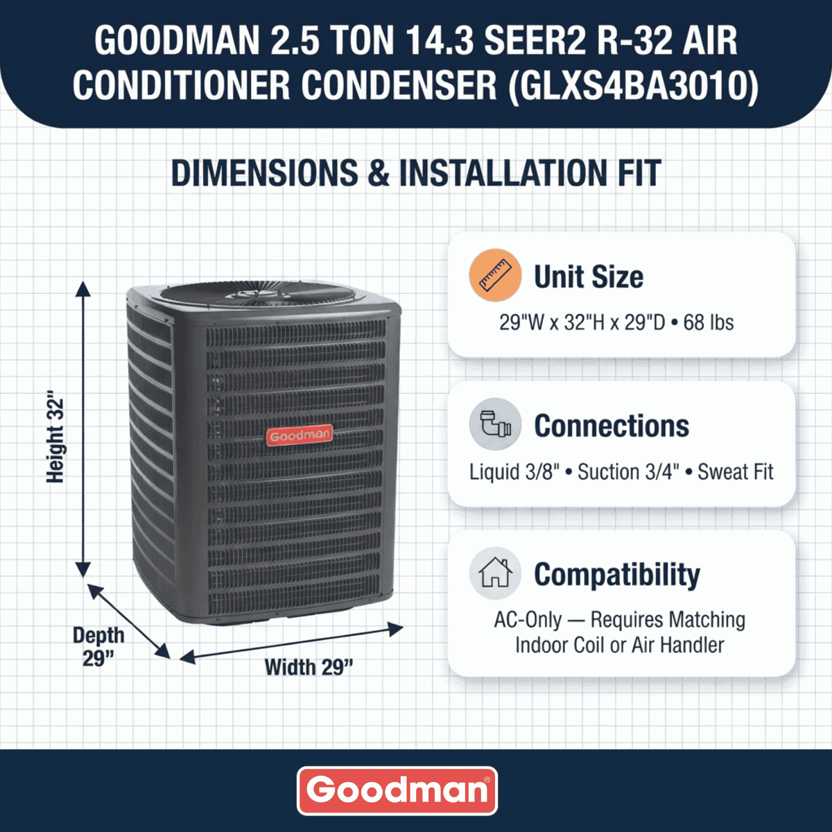 Goodman 2.5 Ton 14.3 SEER2 R-32 Air Conditioner Condenser