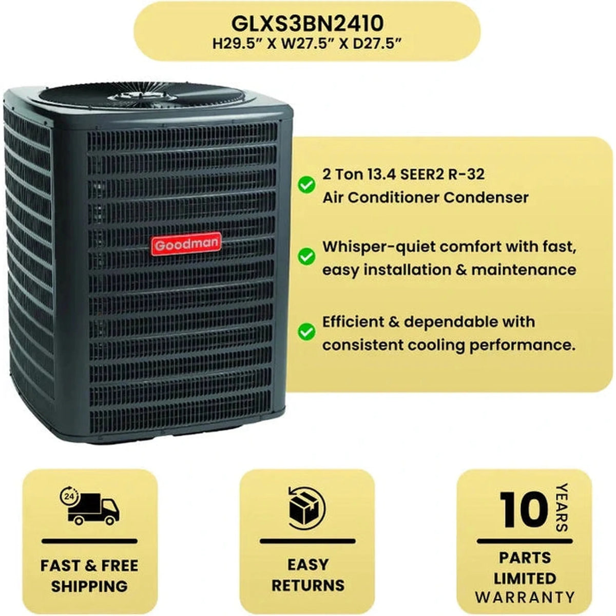 Goodman 2 Ton 13.4 SEER2 R32 Air Conditioner & 14" Vertical Cased Coil
