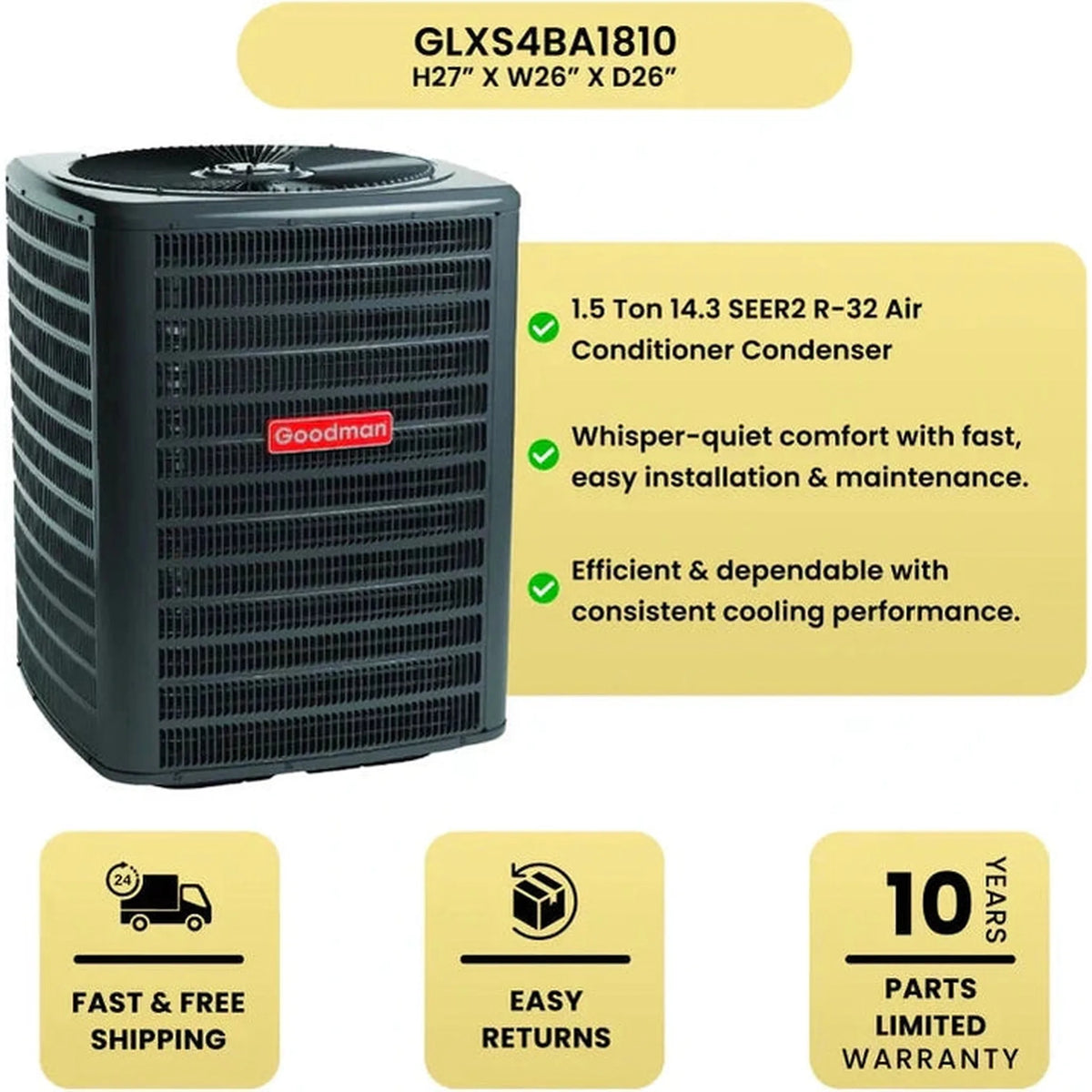 Goodman 1.5 Ton 14.3 SEER2 R32 Air Conditioner & 14" Vertical Cased Coil
