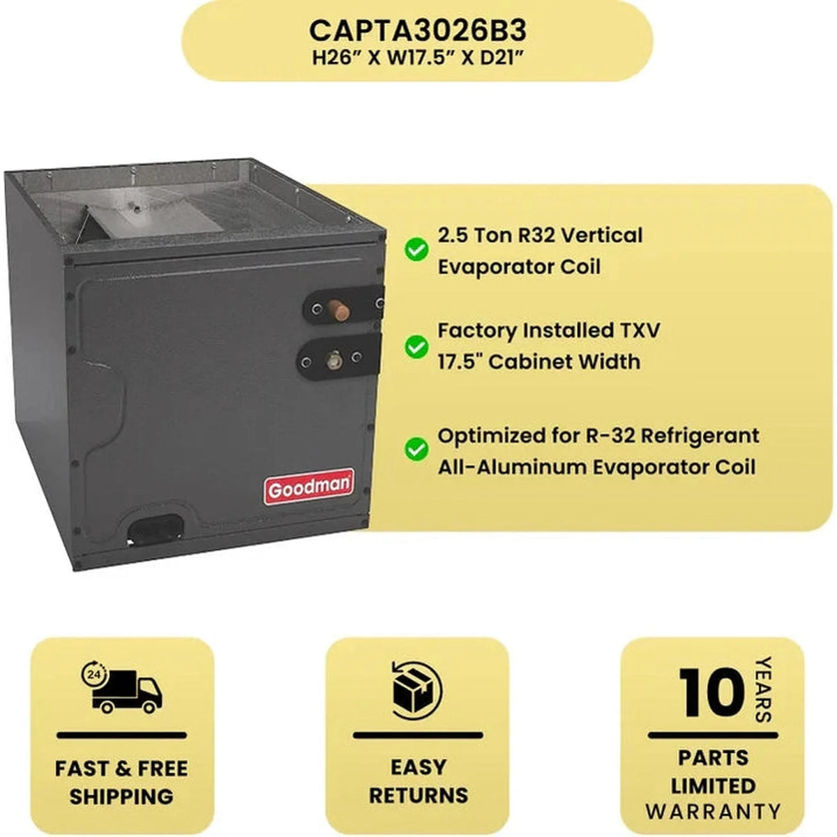Goodman 2.5 Ton 13.4 SEER2 R32 Air Conditioner & 21" Vertical Cased Coil