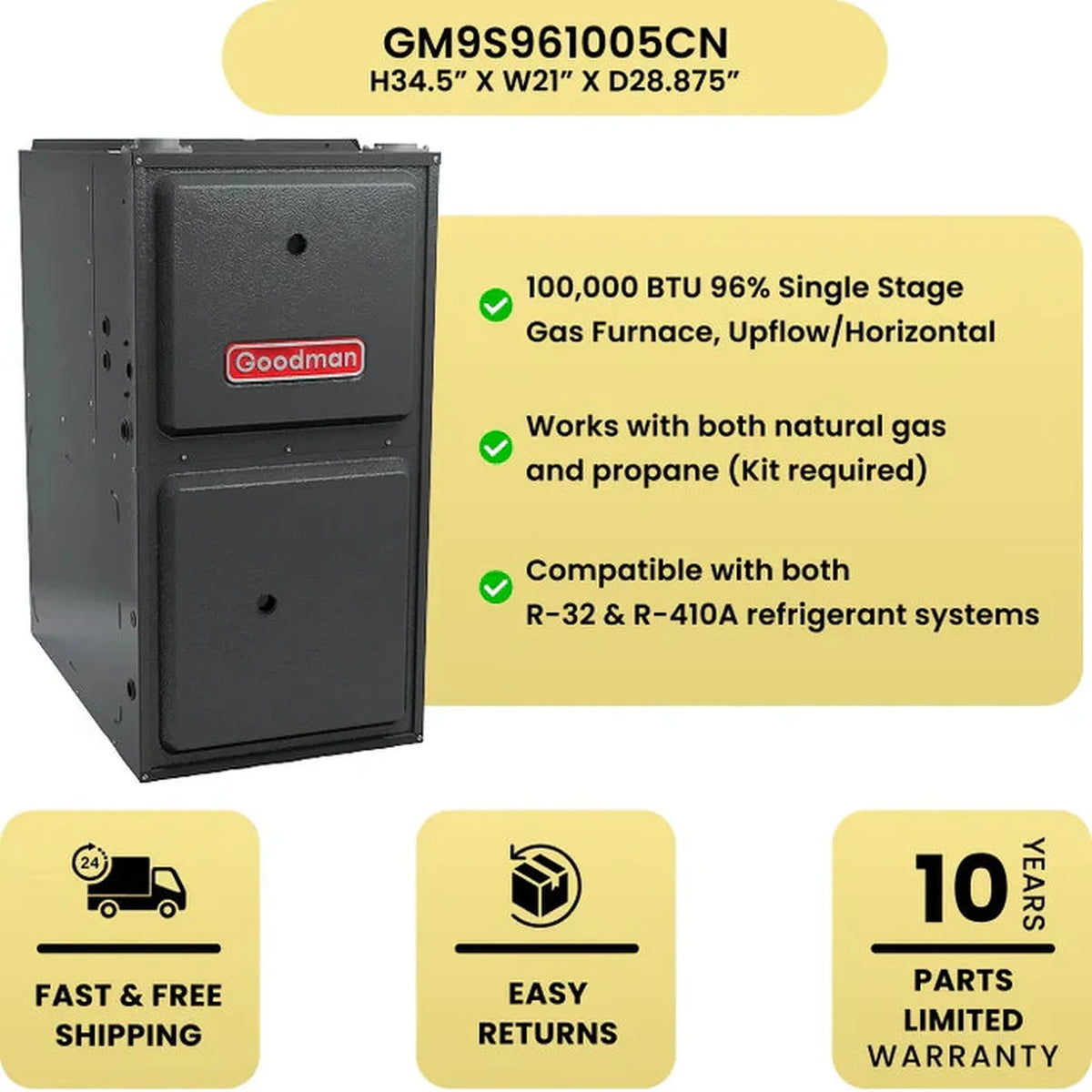 Goodman 100,000 BTU 96% Single Stage Gas Furnace, Upflow/Horizontal
