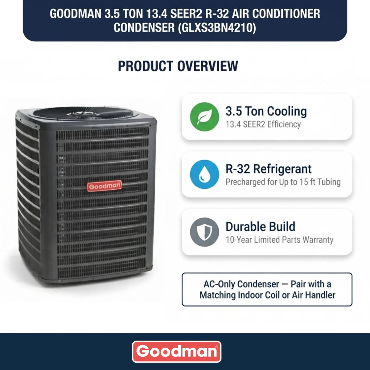 Goodman 3.5 Ton 13.4 SEER2 R-32 Air Conditioner Condenser