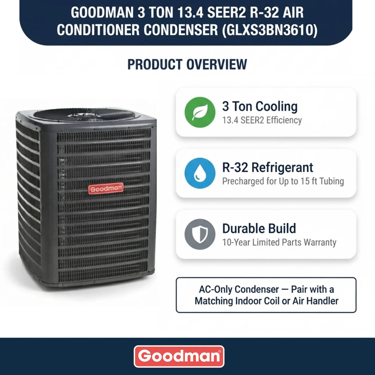 Goodman 3 Ton 13.4 SEER2 R-32 Air Conditioner Condenser