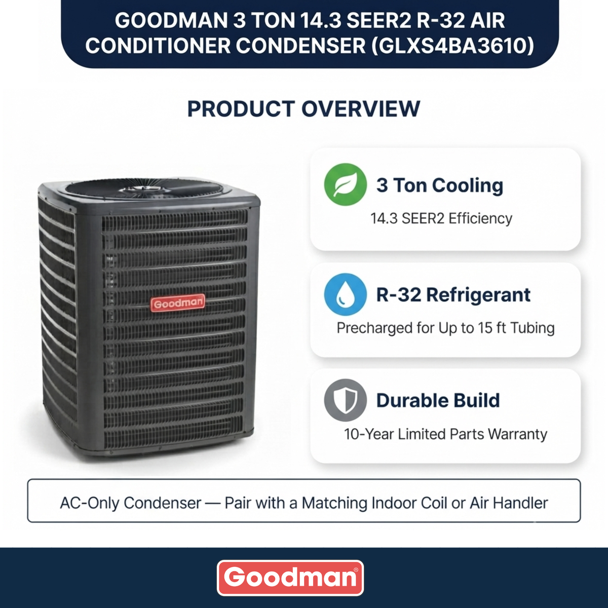 Goodman 3 Ton 14.3 SEER2 R-32 Air Conditioner Condenser