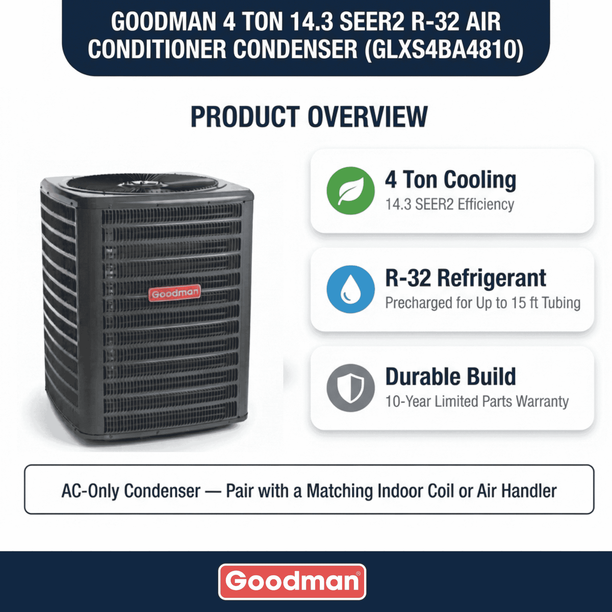 Goodman 4 Ton 14.3 SEER2 R-32 Air Conditioner Condenser