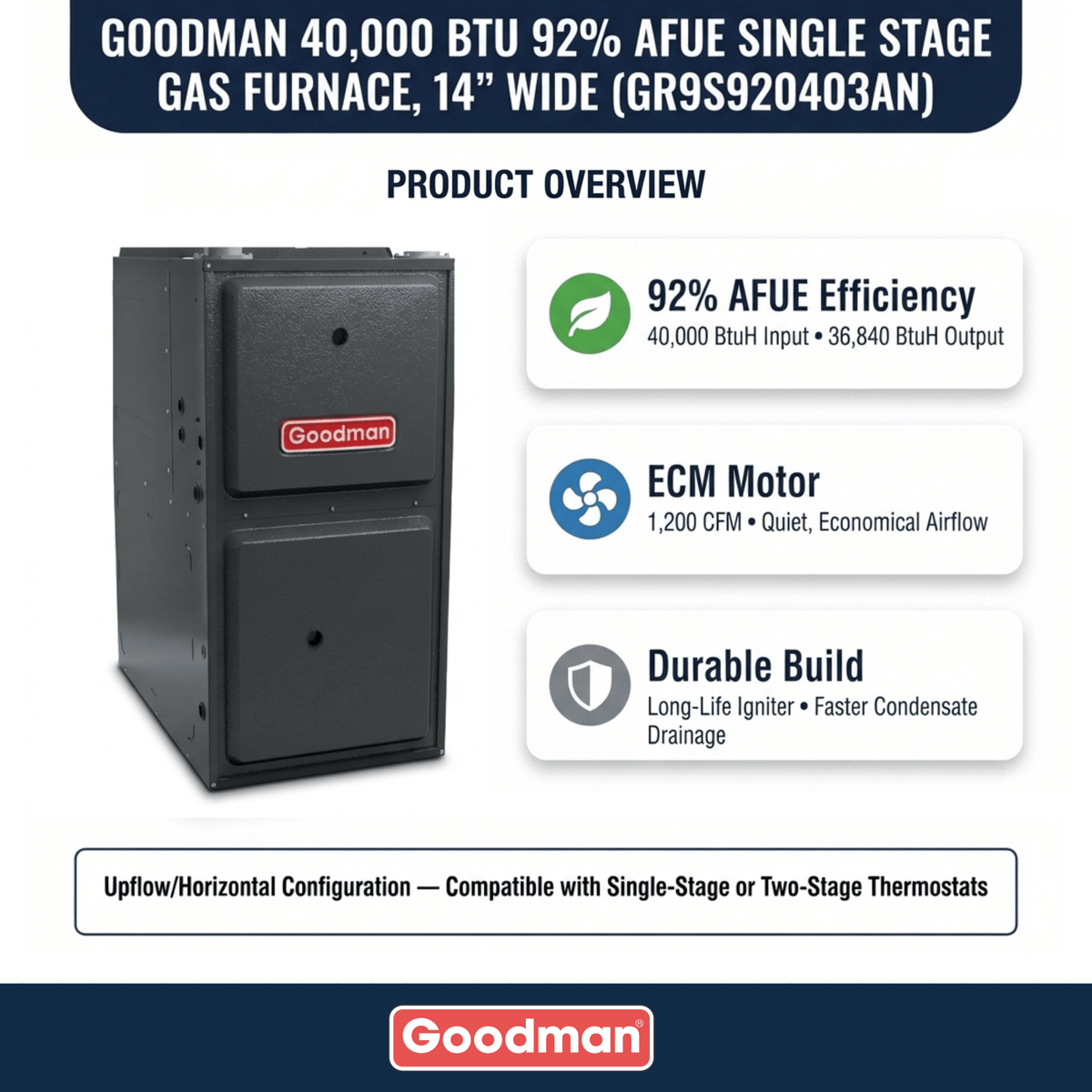 40,000 BTU 92% AFUE Single Stage Goodman Gas Furnace, Upflow/Horizontal