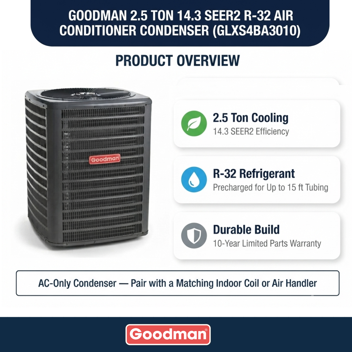 Goodman 2.5 Ton 14.3 SEER2 R-32 Air Conditioner Condenser