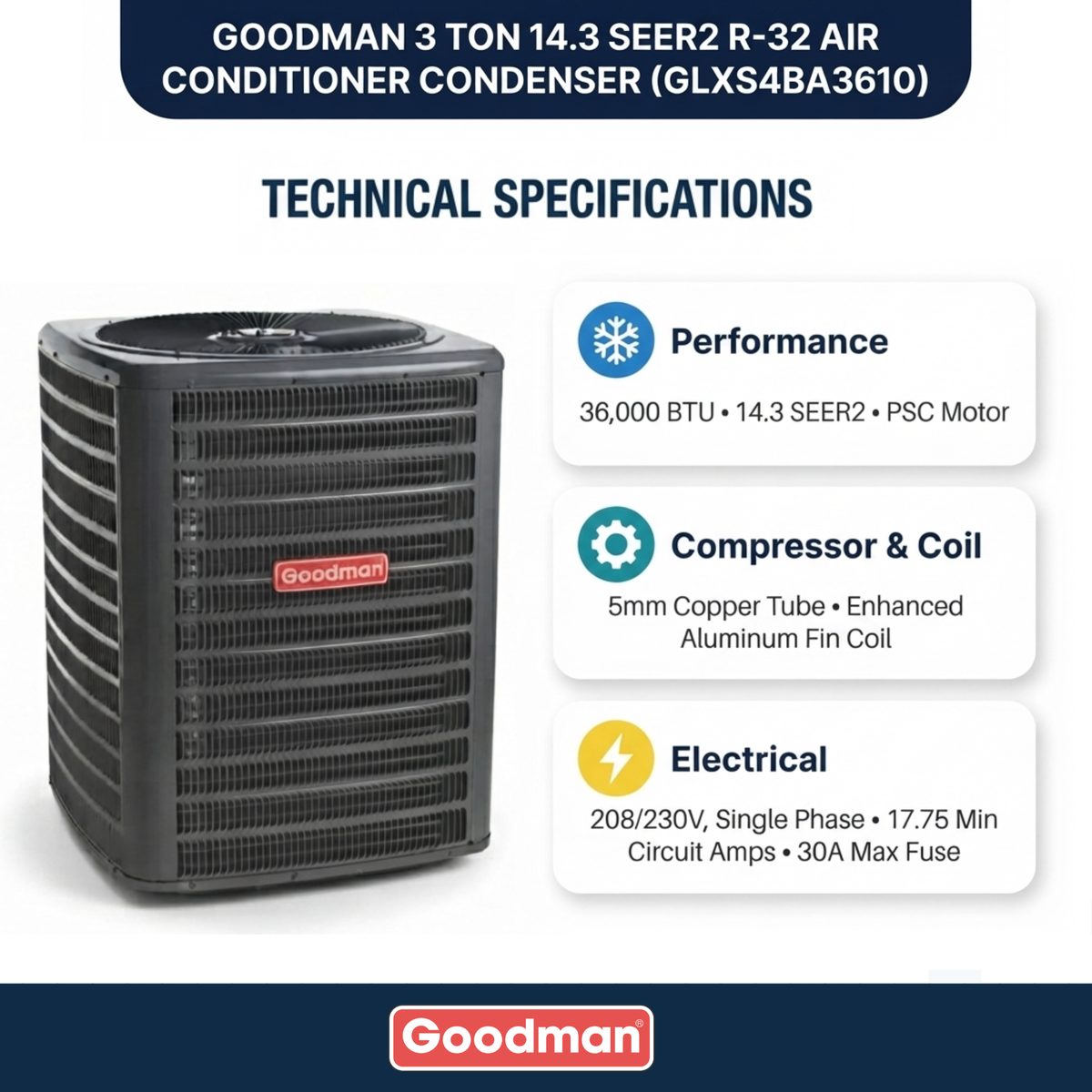 Goodman 3 Ton 14.3 SEER2 R-32 Air Conditioner Condenser