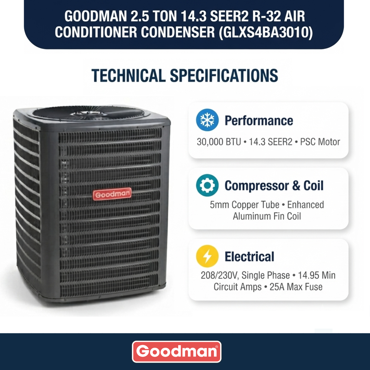 Goodman 2.5 Ton 14.3 SEER2 R-32 Air Conditioner Condenser