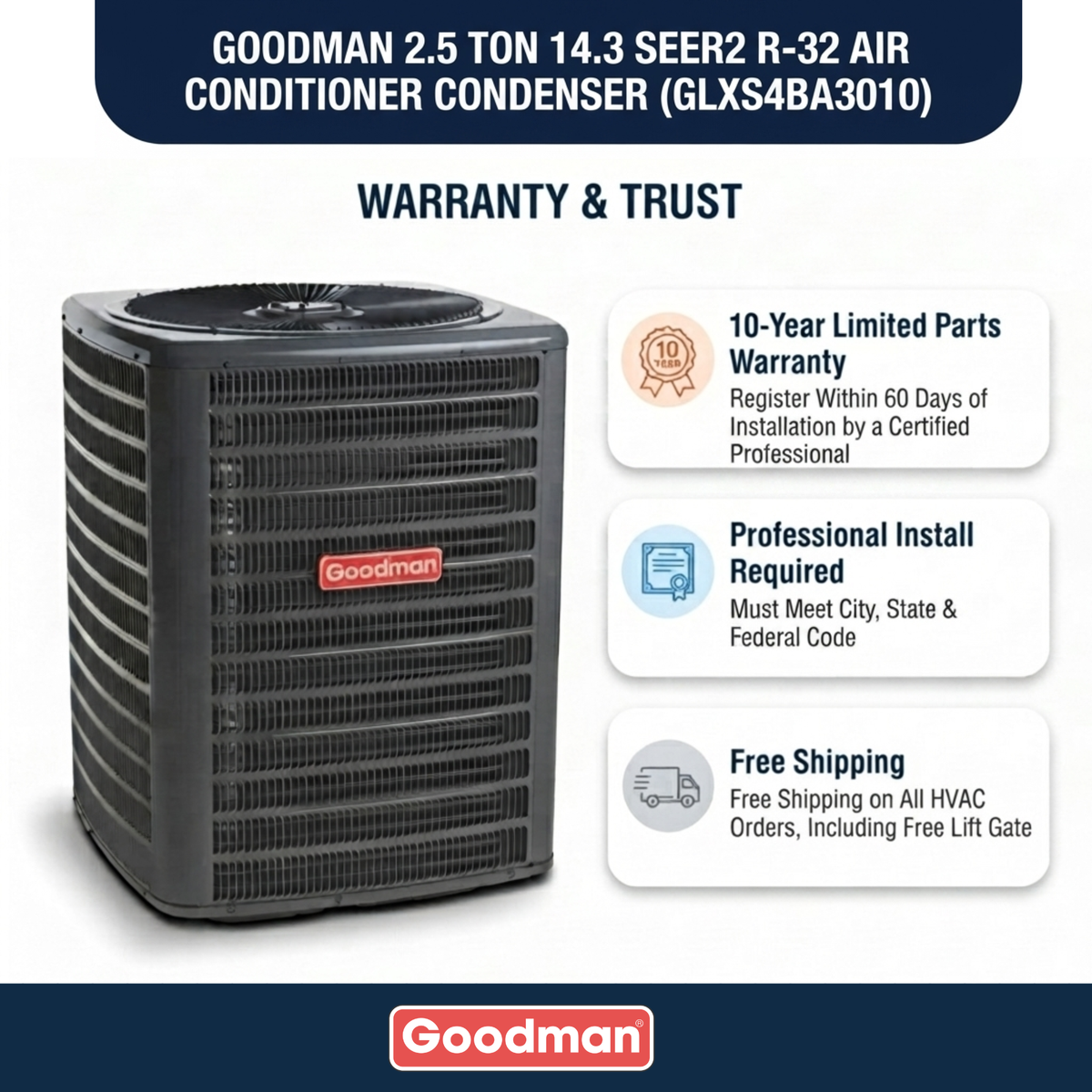 Goodman 2.5 Ton 14.3 SEER2 R-32 Air Conditioner Condenser
